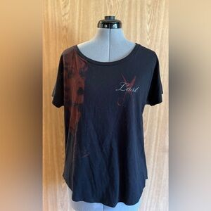 Heavy Red black short sleeve top with red lady & scissor designs, sz M